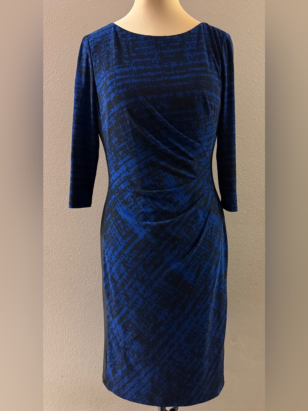 Lauren Ralph Lauren Elegant Blue & Black Sheath Lined Gathered Dress size 12